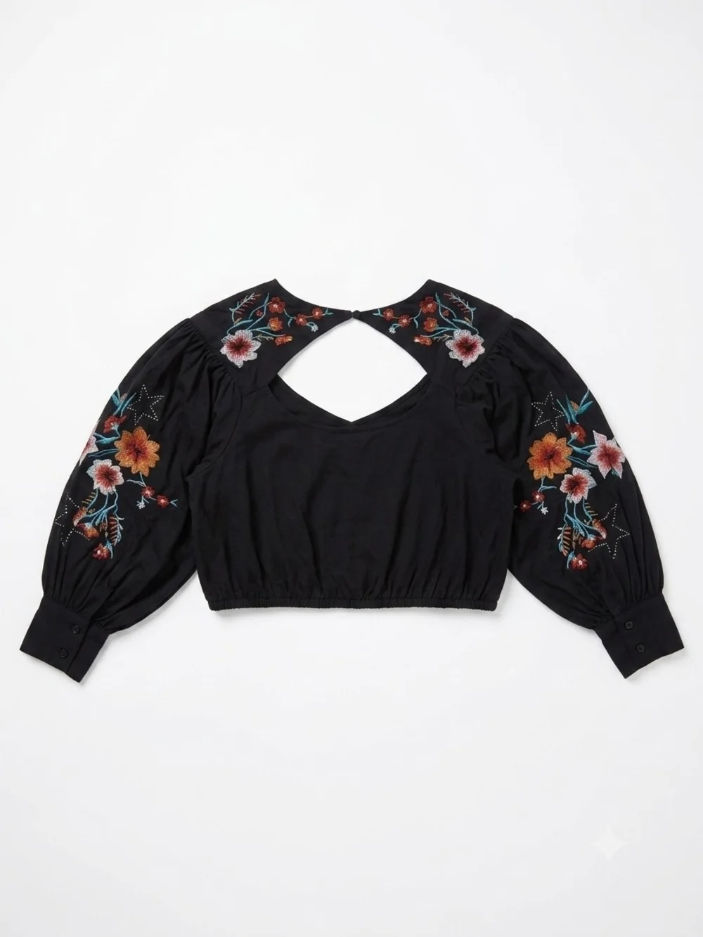 Free People Vintage Black Cropped Top with Embroidered Floral & Bird Detail